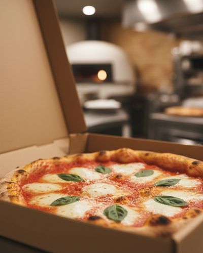 Pizzakarton mit Pizza